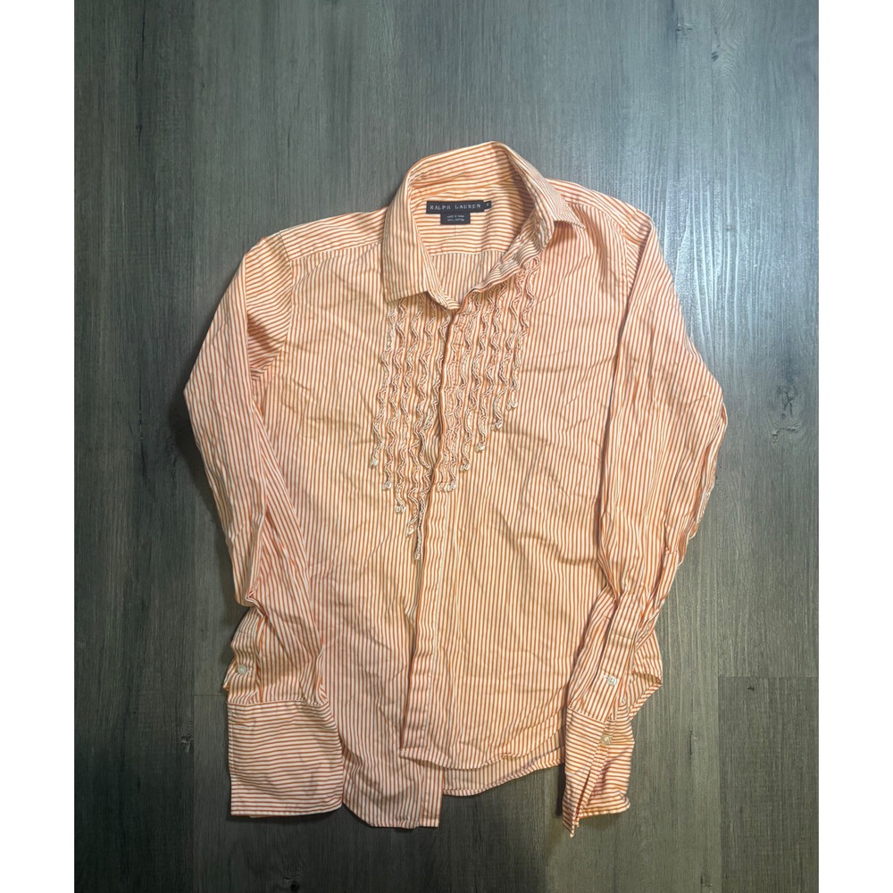 Ralph Lauren Ruffle Tuxedo Shirt Womens 8 Orange White Striped Cotton Blouse